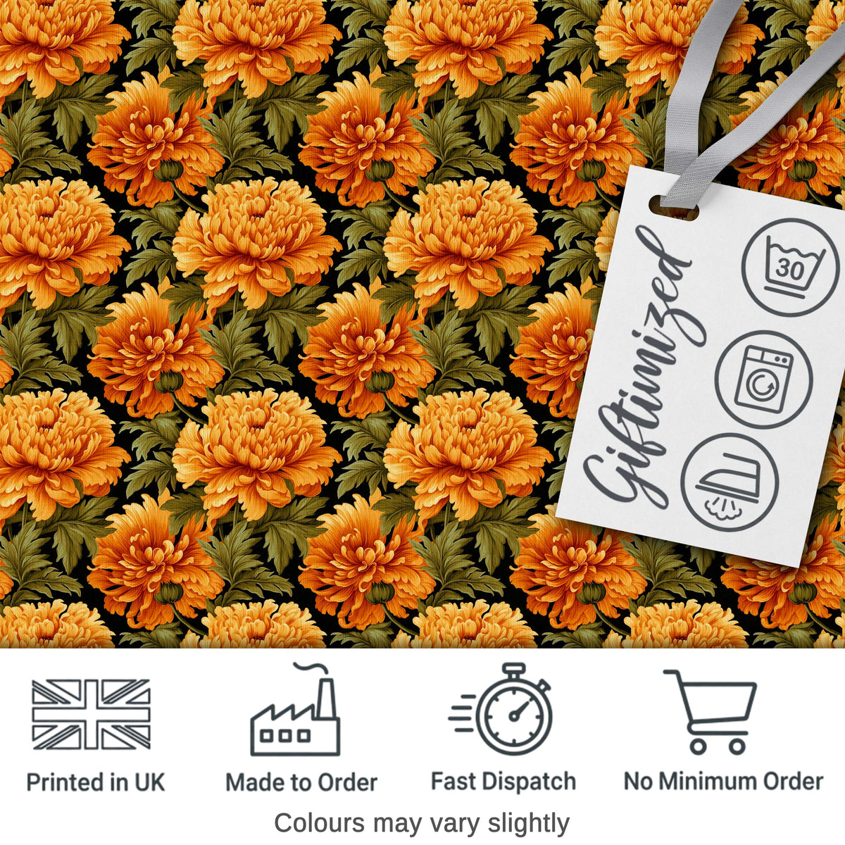 Bold Orange Chrysanthemum Floral Seamless Pattern on Black Background Digital Print Fabric by the Metre UK Sewing Quilting Textile