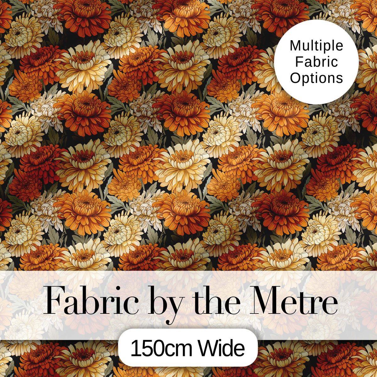 Orange and Cream Chrysanthemum Floral Seamless Pattern on Black Digital Print Fabric by the Metre UK Sewing Quilting Textile