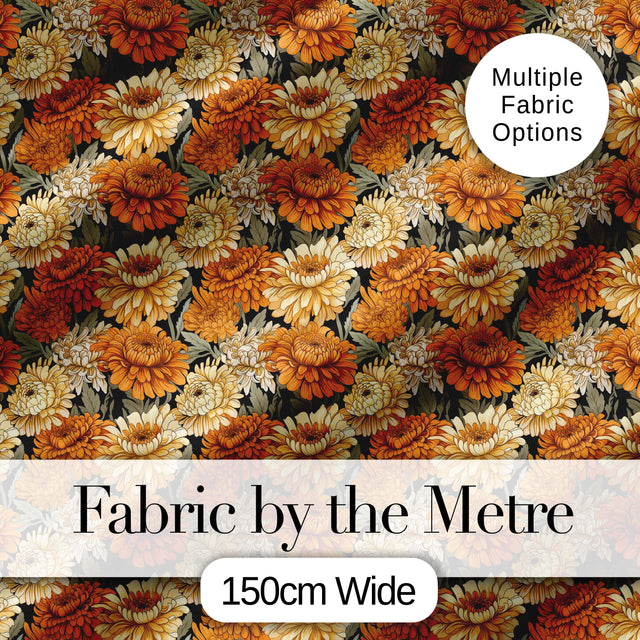 Orange and Cream Chrysanthemum Floral Seamless Pattern on Black Digital Print Fabric by the Metre UK Sewing Quilting Textile