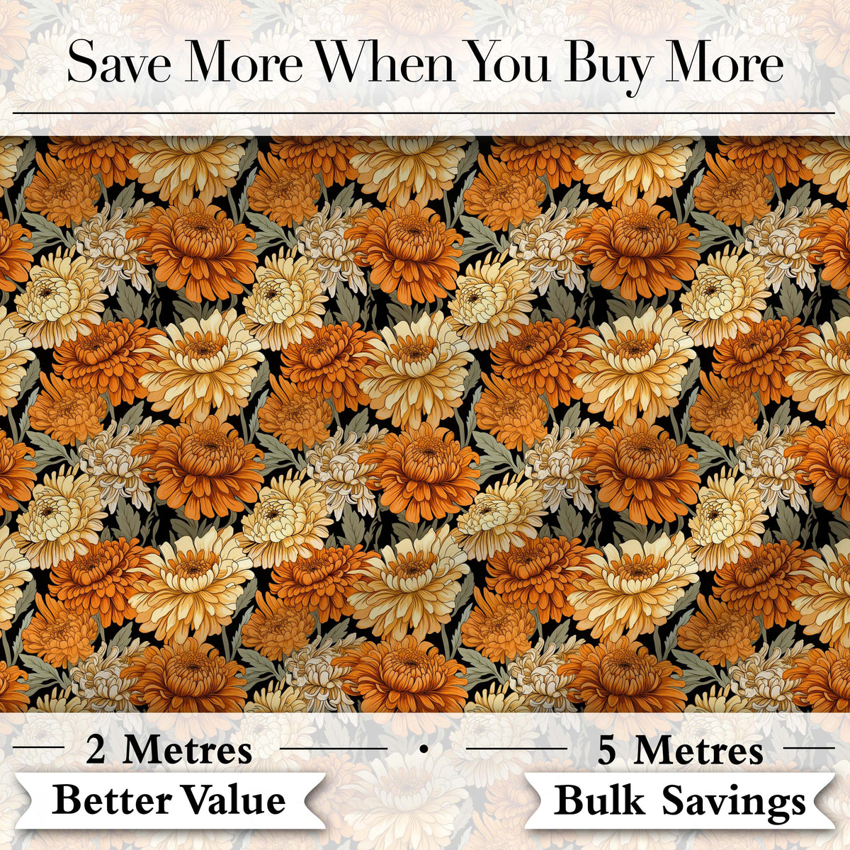 Orange and Cream Chrysanthemum Floral Seamless Pattern on Black Digital Print Fabric by the Metre UK Sewing Quilting Textile