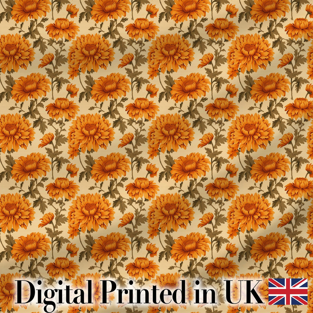 Classic Orange Chrysanthemum Floral Seamless Pattern on Beige Background Digital Print Fabric by the Metre UK Sewing Quilting Textile