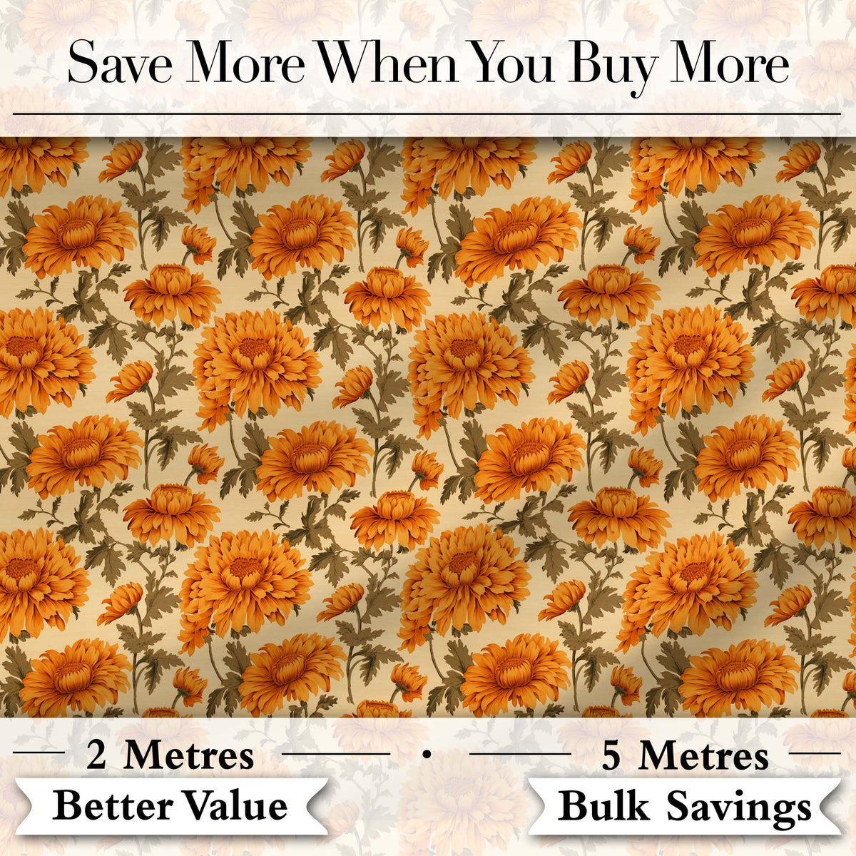 Classic Orange Chrysanthemum Floral Seamless Pattern on Beige Background Digital Print Fabric by the Metre UK Sewing Quilting Textile