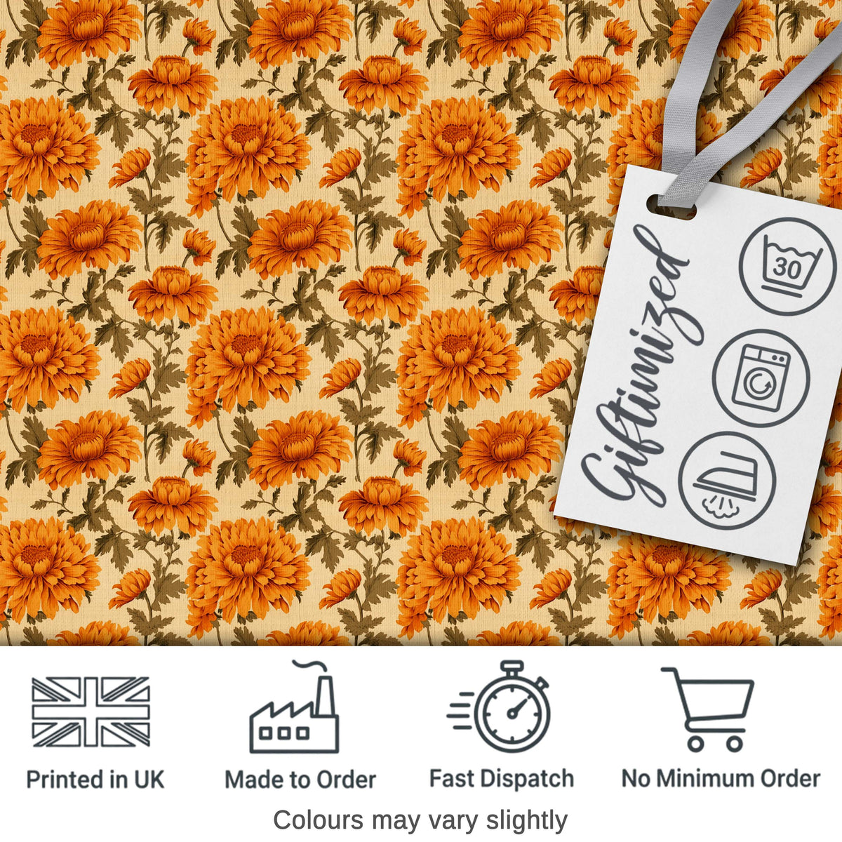 Classic Orange Chrysanthemum Floral Seamless Pattern on Beige Background Digital Print Fabric by the Metre UK Sewing Quilting Textile