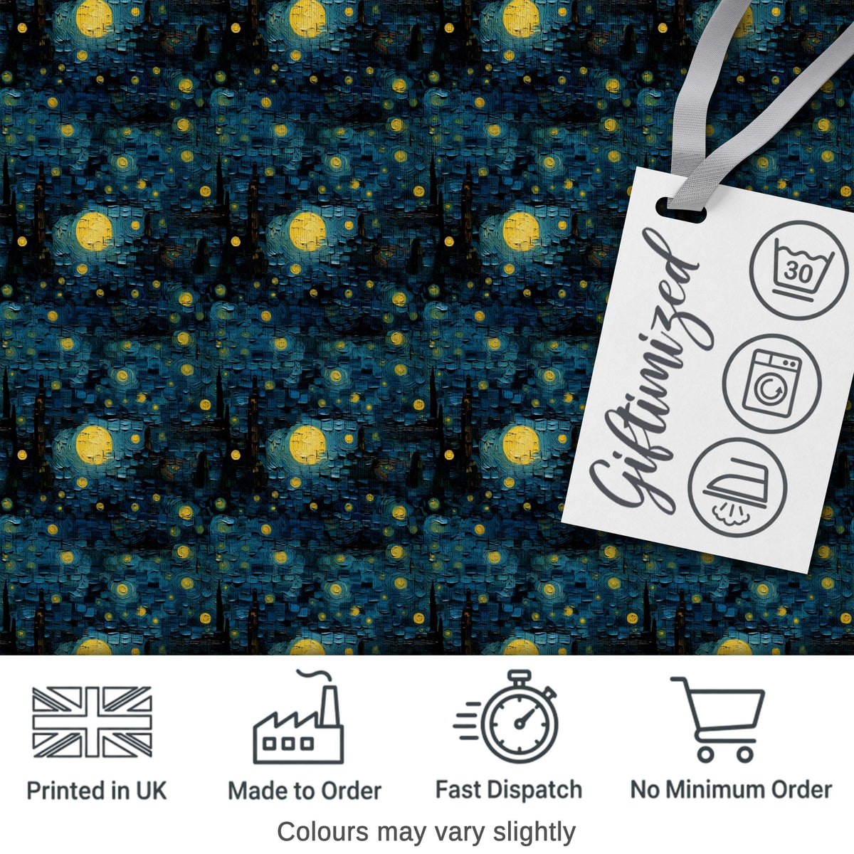 Van Gogh Style Starry Night Seamless Pattern Artistic Swirl Sky Design Digital Print Fabric by the Metre UK Sewing Quilting Textile