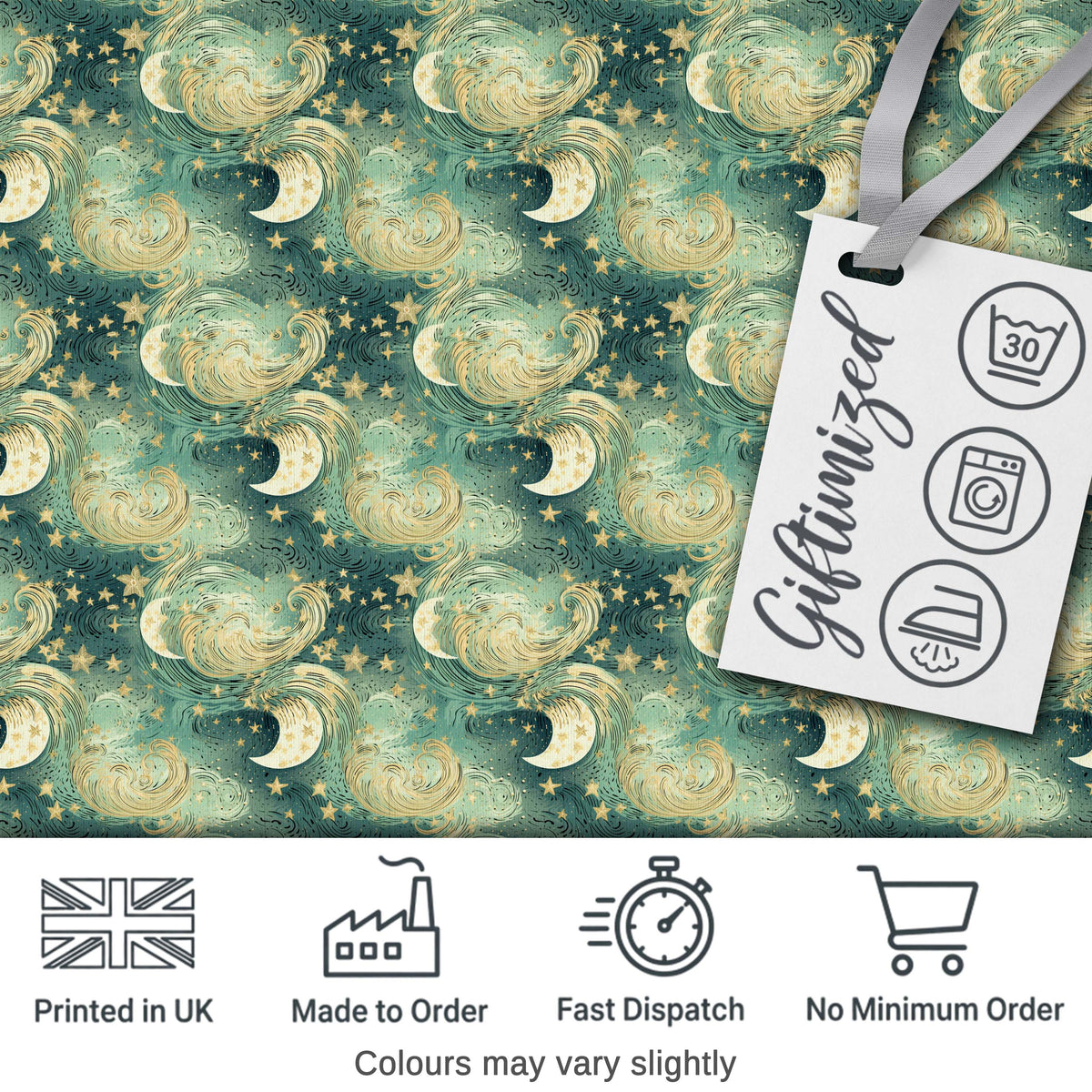 Celestial Moon and Stars Seamless Pattern Dreamy Night Sky Design Digital Print Fabric by the Metre UK Sewing Quilting Textile