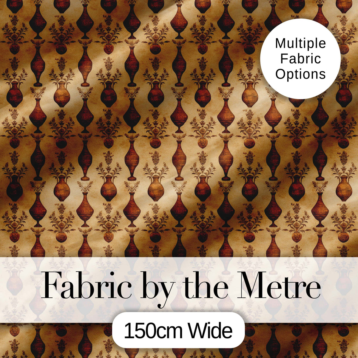 Classic Brown Vase Pattern Repeating Vintage Pottery Botanical Design Digital Print Fabric by the Metre UK Sewing Quilting Textile
