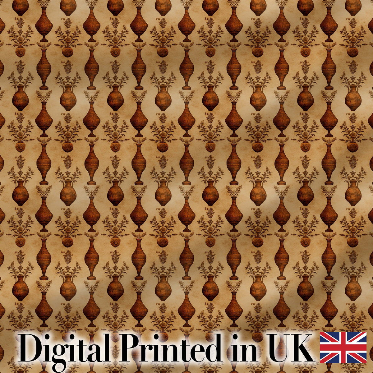 Classic Brown Vase Pattern Repeating Vintage Pottery Botanical Design Digital Print Fabric by the Metre UK Sewing Quilting Textile