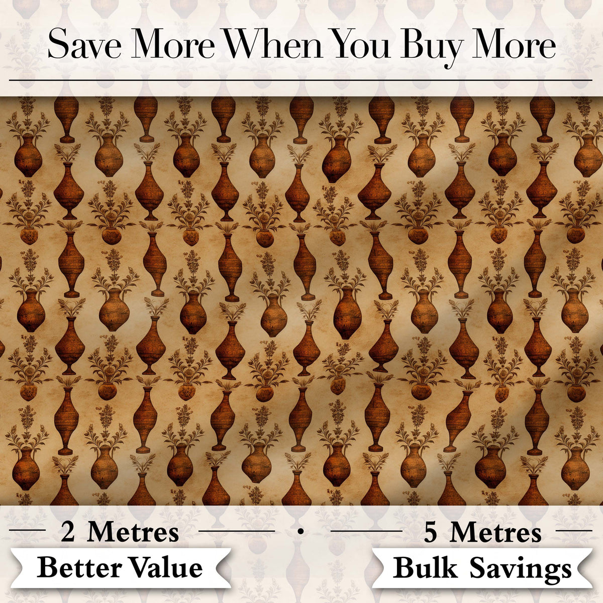 Classic Brown Vase Pattern Repeating Vintage Pottery Botanical Design Digital Print Fabric by the Metre UK Sewing Quilting Textile