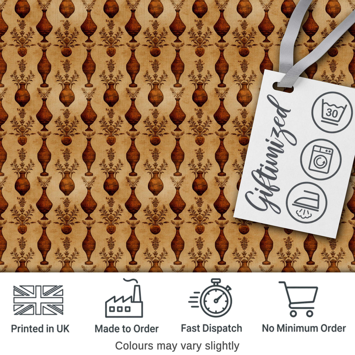 Classic Brown Vase Pattern Repeating Vintage Pottery Botanical Design Digital Print Fabric by the Metre UK Sewing Quilting Textile