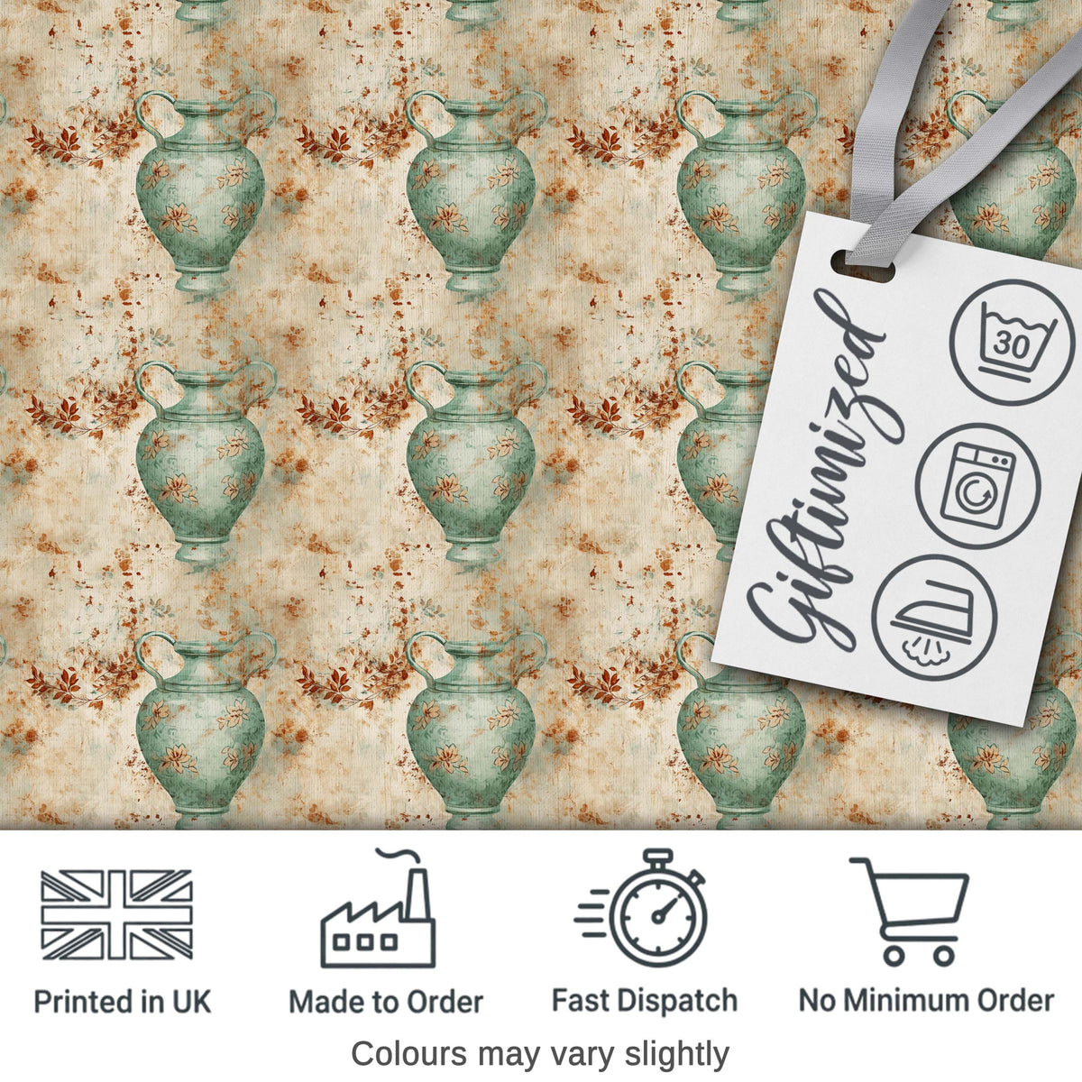 Distressed Green Vase Seamless Pattern Vintage Floral Rustic Texture Digital Print Fabric by the Metre UK Sewing Quilting Textile