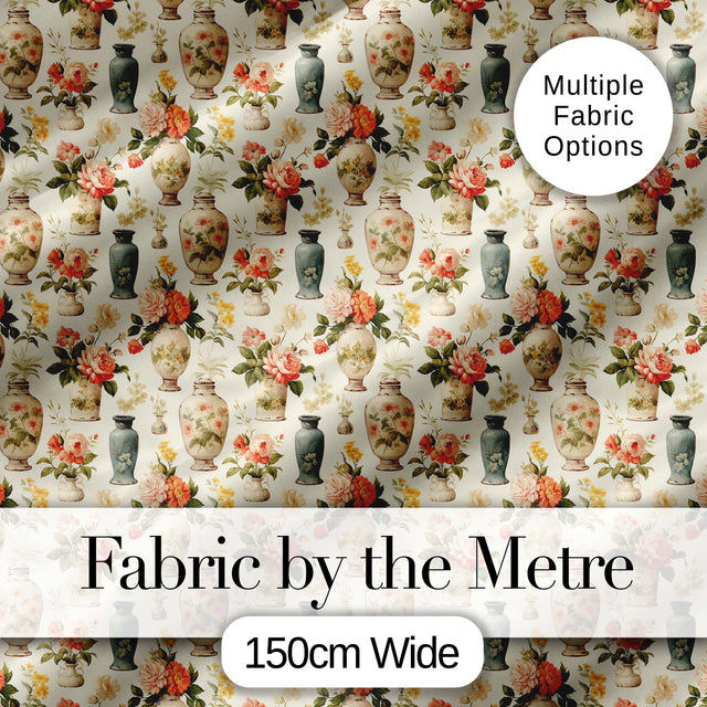 Elegant Floral Vase Arrangement with Soft Roses and Botanical Vintage Style Digital Print Fabric by the Metre UK Sewing Quilting Textile