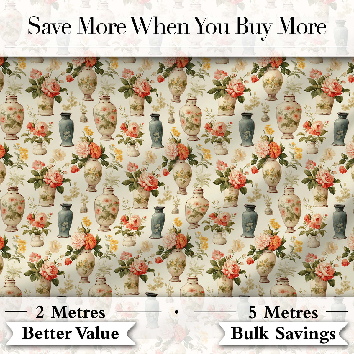 Elegant Floral Vase Arrangement with Soft Roses and Botanical Vintage Style Digital Print Fabric by the Metre UK Sewing Quilting Textile
