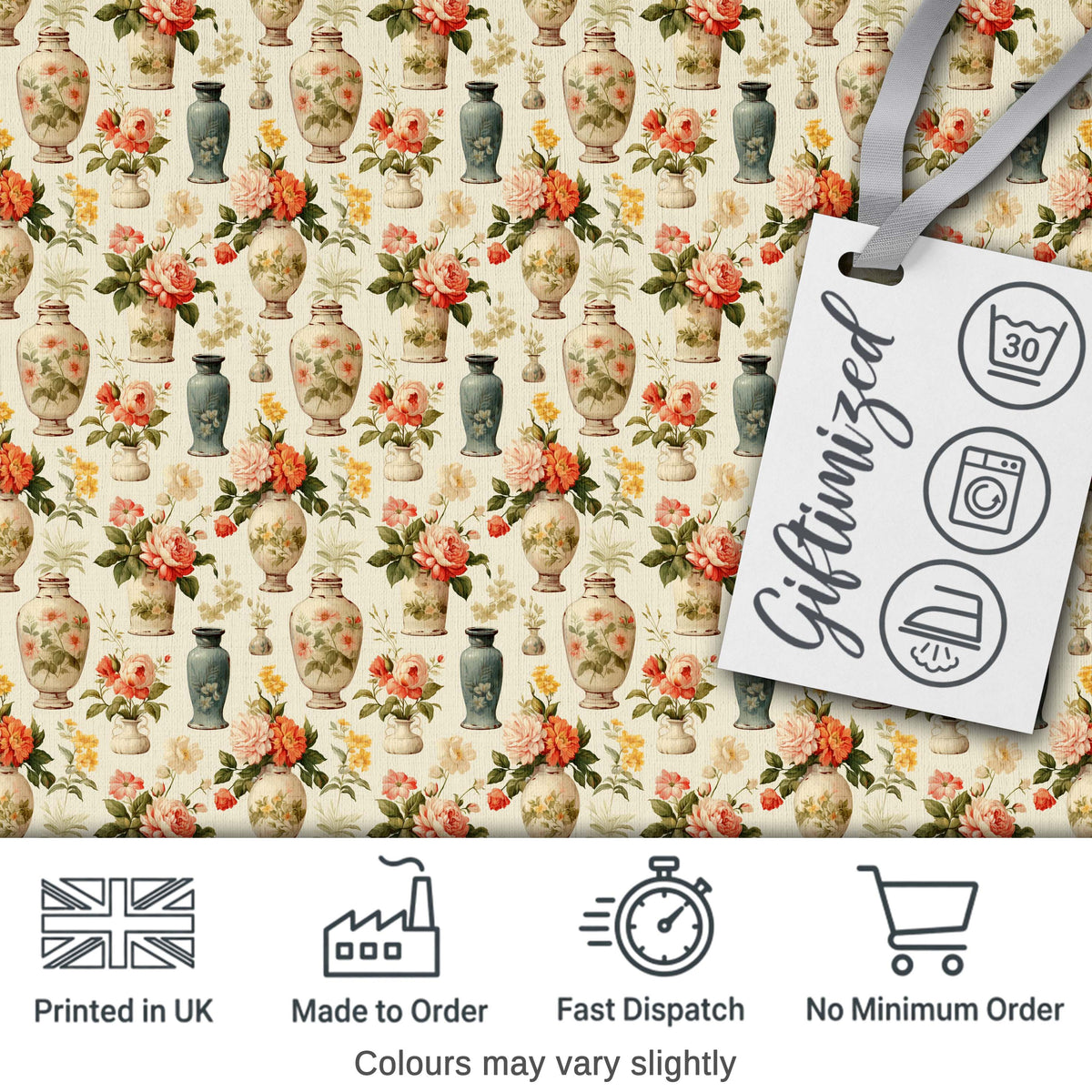 Elegant Floral Vase Arrangement with Soft Roses and Botanical Vintage Style Digital Print Fabric by the Metre UK Sewing Quilting Textile