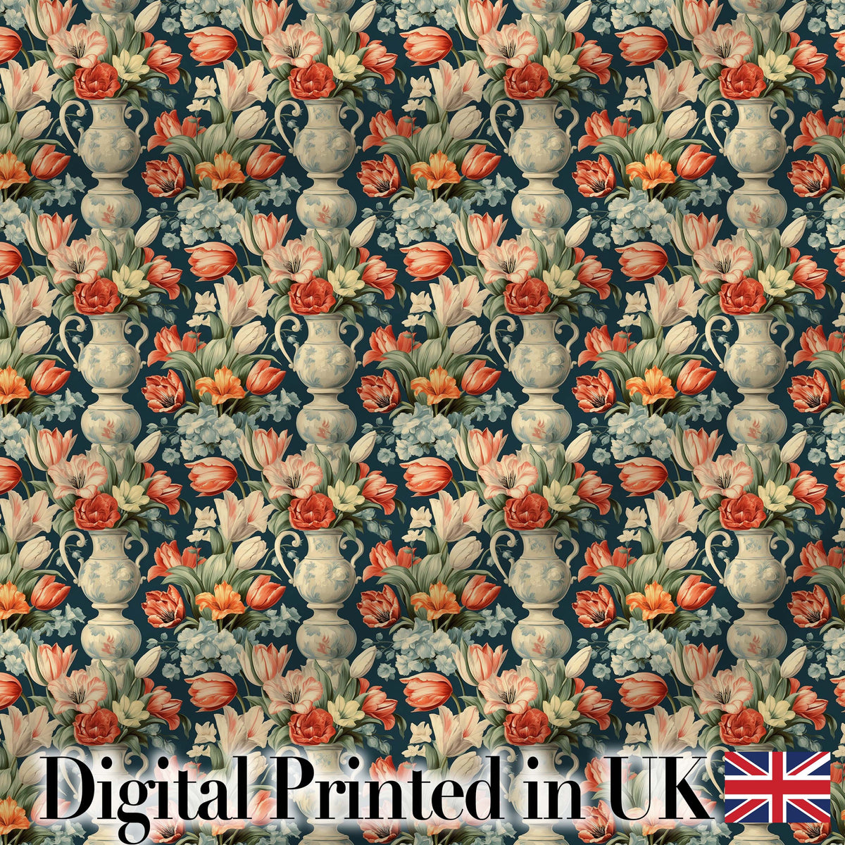 Rich Floral Arrangement with Tulips in Ornate Vase on Dark Background Digital Print Fabric by the Metre UK Sewing Quilting Textile