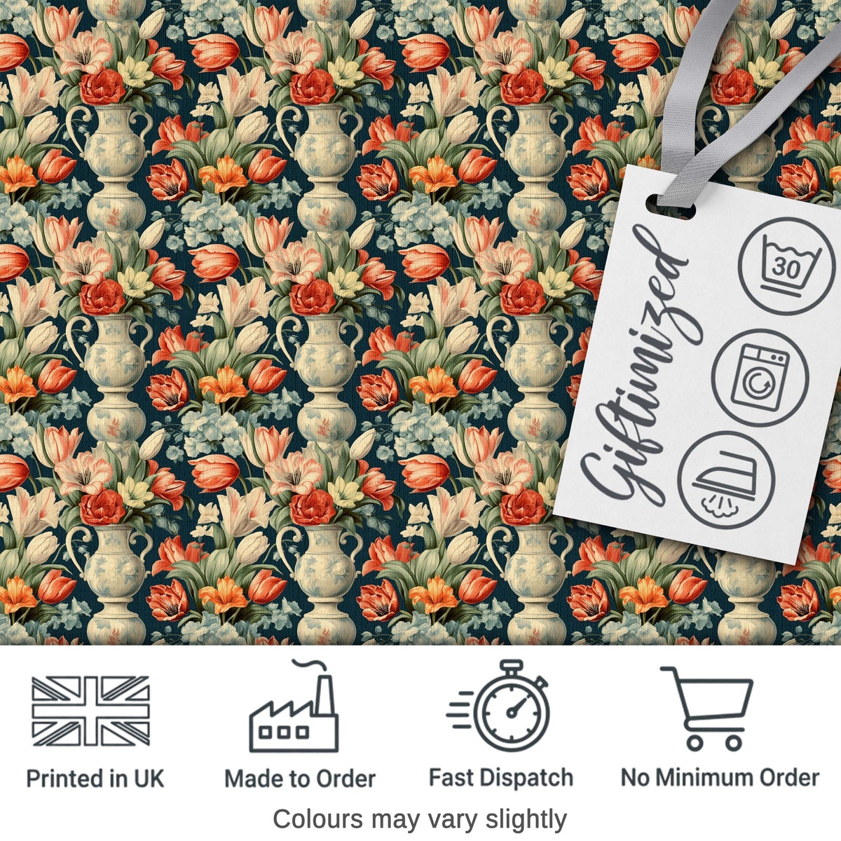 Rich Floral Arrangement with Tulips in Ornate Vase on Dark Background Digital Print Fabric by the Metre UK Sewing Quilting Textile