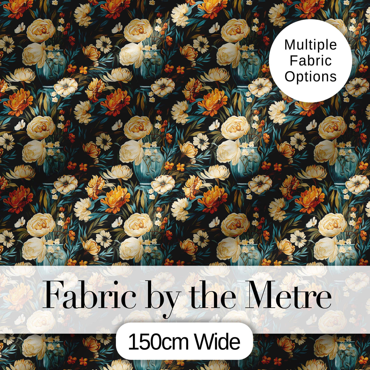 Lush Peony and Blossom Floral Pattern in Teal Vase on Dark Background Digital Print Fabric by the Metre UK Sewing Quilting Textile
