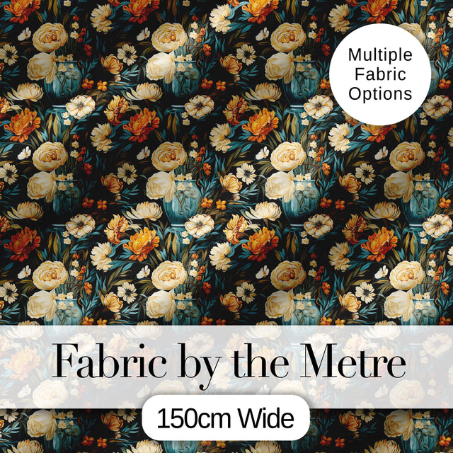 Lush Peony and Blossom Floral Pattern in Teal Vase on Dark Background Digital Print Fabric by the Metre UK Sewing Quilting Textile