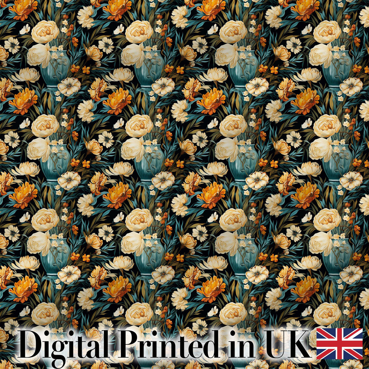Lush Peony and Blossom Floral Pattern in Teal Vase on Dark Background Digital Print Fabric by the Metre UK Sewing Quilting Textile
