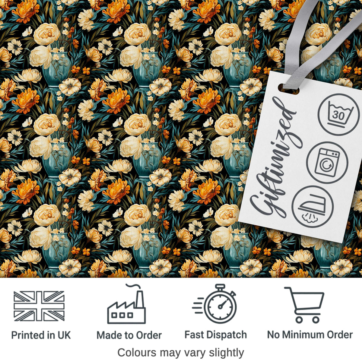 Lush Peony and Blossom Floral Pattern in Teal Vase on Dark Background Digital Print Fabric by the Metre UK Sewing Quilting Textile