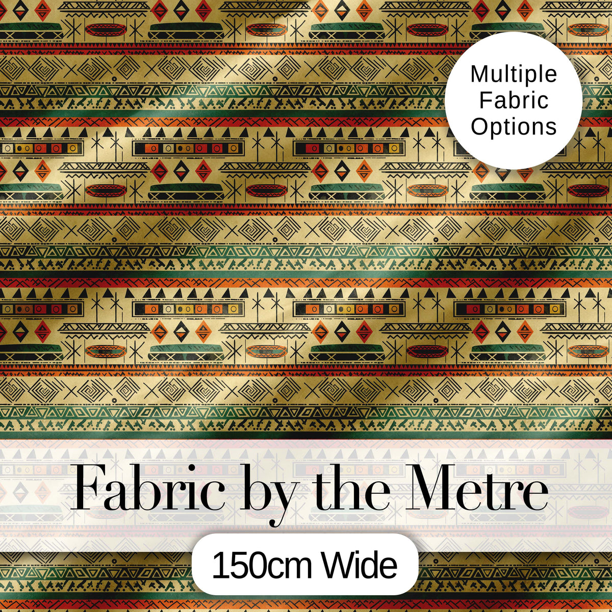 Geometric Tribal Stripe with Ethnic Shapes in Earthy Orange and Green Tones Digital Print Fabric by the Metre UK Sewing Quilting Textile