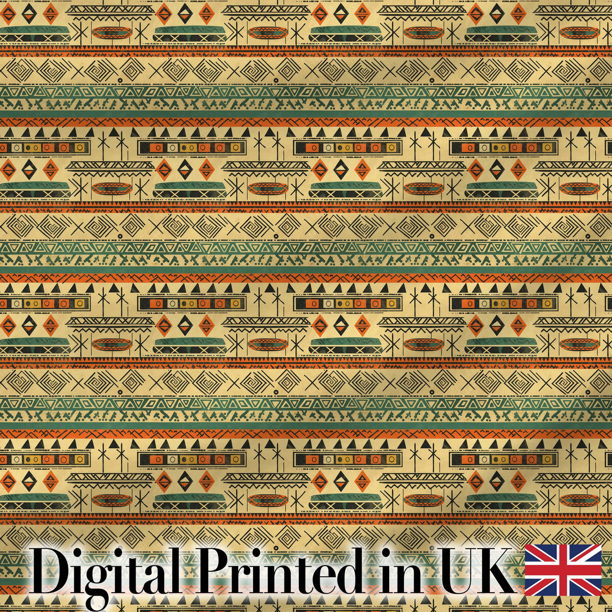Geometric Tribal Stripe with Ethnic Shapes in Earthy Orange and Green Tones Digital Print Fabric by the Metre UK Sewing Quilting Textile