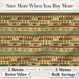 Geometric Tribal Stripe with Ethnic Shapes in Earthy Orange and Green Tones Digital Print Fabric by the Metre UK Sewing Quilting Textile