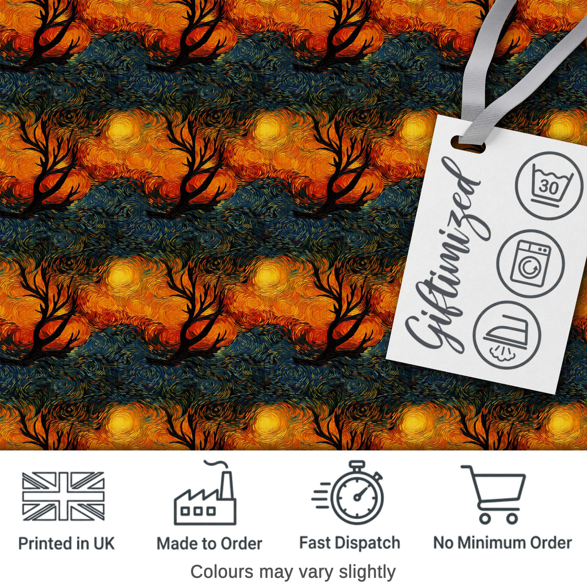 Artistic Swirl Landscape  with Trees and Sun in Rich Textured Brush Style Digital Print Fabric by the Metre UK Sewing Quilting Textile