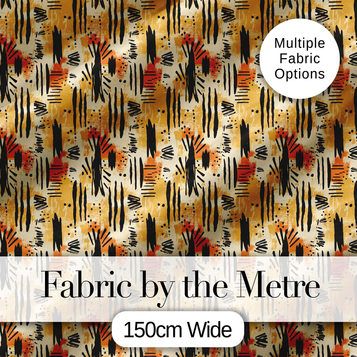 Modern Abstract Brush Stroke Pattern in Black Orange and Neutral Tones Digital Print Fabric by the Metre UK Sewing Quilting Textile