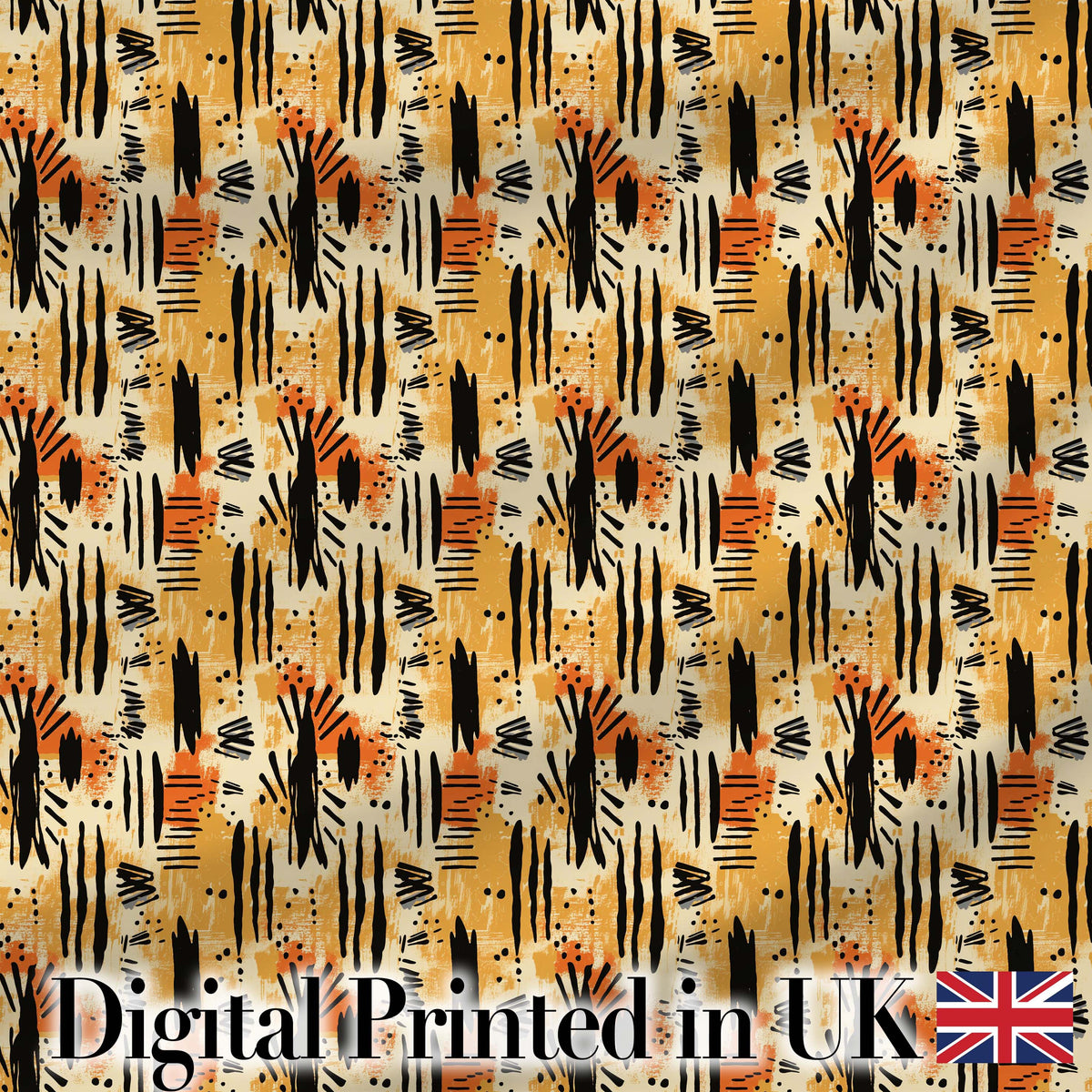 Modern Abstract Brush Stroke Pattern in Black Orange and Neutral Tones Digital Print Fabric by the Metre UK Sewing Quilting Textile