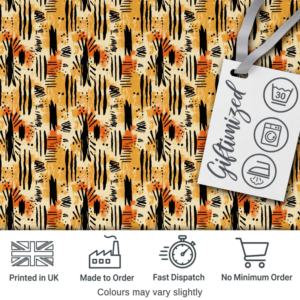 Modern Abstract Brush Stroke Pattern in Black Orange and Neutral Tones Digital Print Fabric by the Metre UK Sewing Quilting Textile