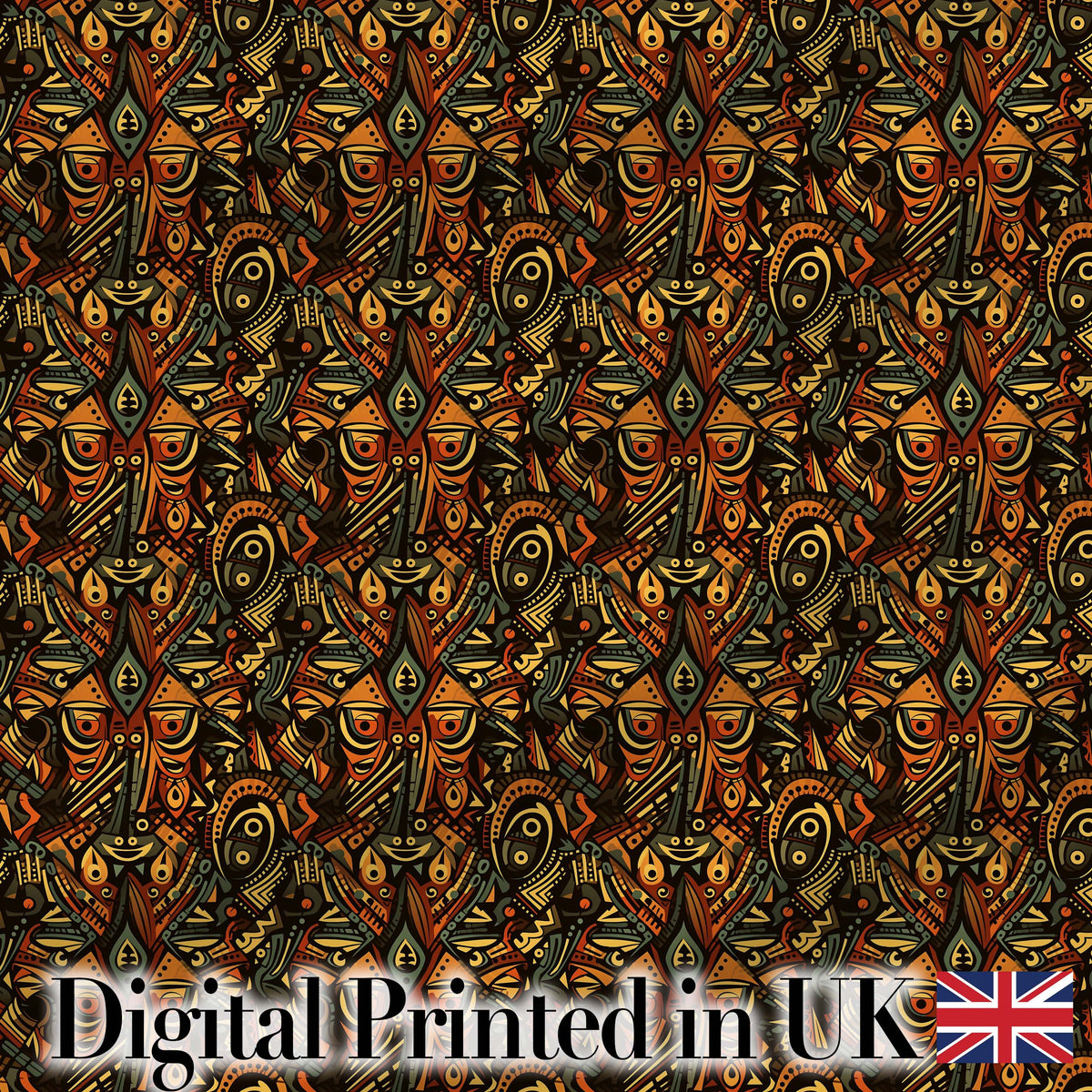 Intricate Tribal Mask and Symbol  in Deep Earthy Tones on Dark Background Digital Print Fabric by the Metre UK Sewing Quilting Textile