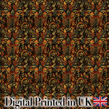 Intricate Tribal Mask and Symbol  in Deep Earthy Tones on Dark Background Digital Print Fabric by the Metre UK Sewing Quilting Textile