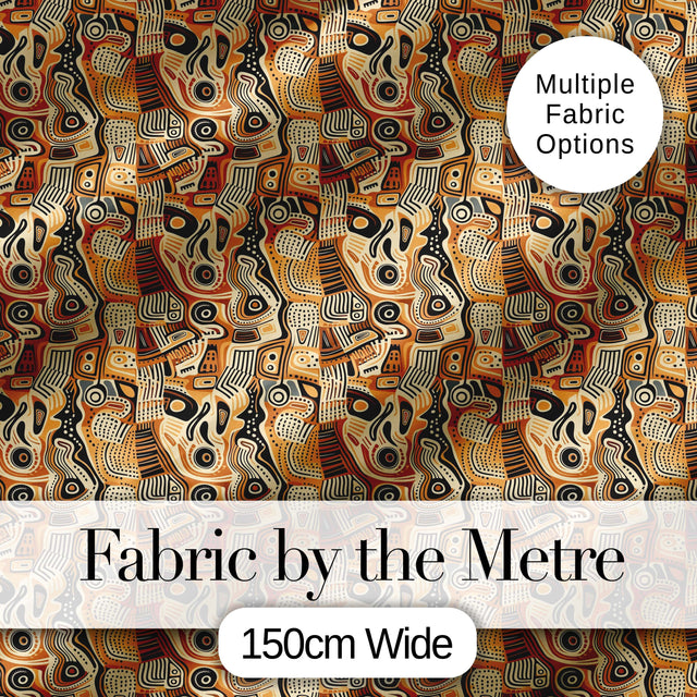 Abstract Tribal Line Art Pattern with Organic Shapes in Earthy Orange and Beige Digital Print Fabric by the Metre UK Sewing Quilting Textile