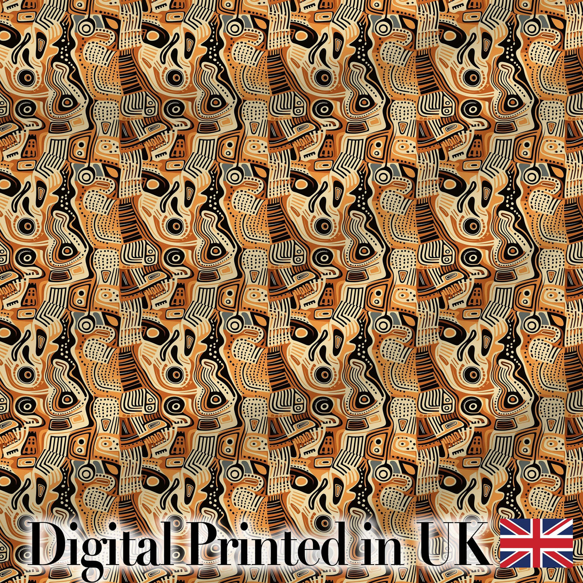 Abstract Tribal Line Art Pattern with Organic Shapes in Earthy Orange and Beige Digital Print Fabric by the Metre UK Sewing Quilting Textile