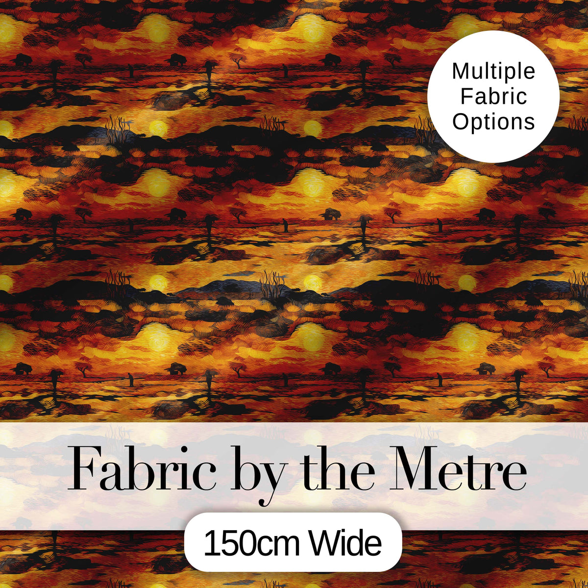 Textured African Landscape with Sunset Scene and Silhouettes in Warm Hues Digital Print Fabric by the Metre UK Sewing Quilting Textile