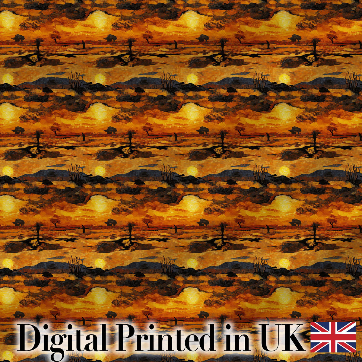 Textured African Landscape with Sunset Scene and Silhouettes in Warm Hues Digital Print Fabric by the Metre UK Sewing Quilting Textile