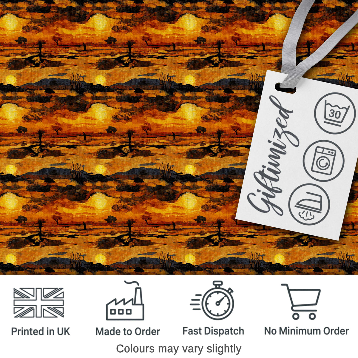 Textured African Landscape with Sunset Scene and Silhouettes in Warm Hues Digital Print Fabric by the Metre UK Sewing Quilting Textile