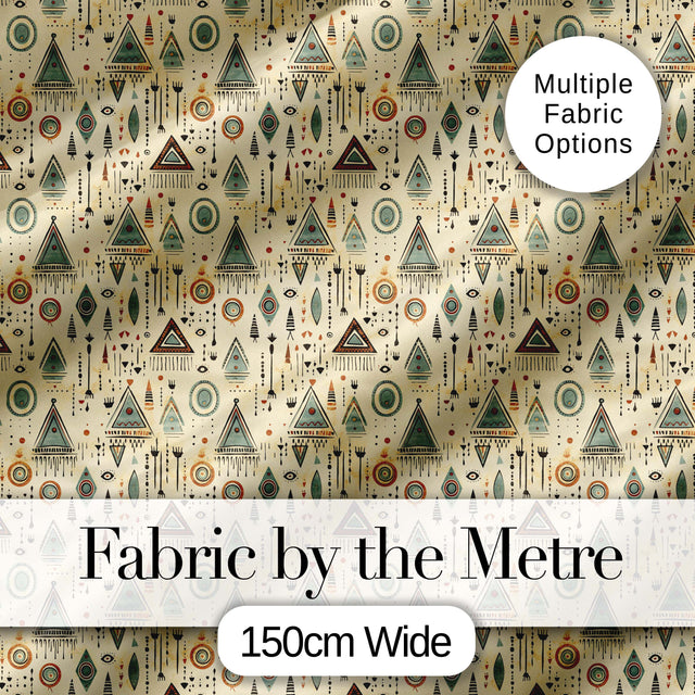 Tribal Geometric Pattern with Arrows Circles and Symbols in Soft Earthy Colours Digital Print Fabric by the Metre UK Sewing Quilting Textile