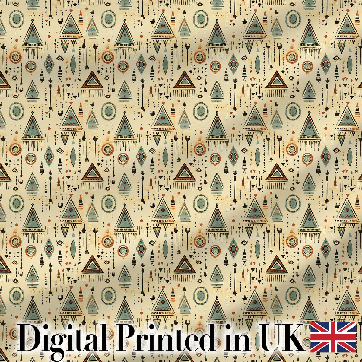 Tribal Geometric Pattern with Arrows Circles and Symbols in Soft Earthy Colours Digital Print Fabric by the Metre UK Sewing Quilting Textile