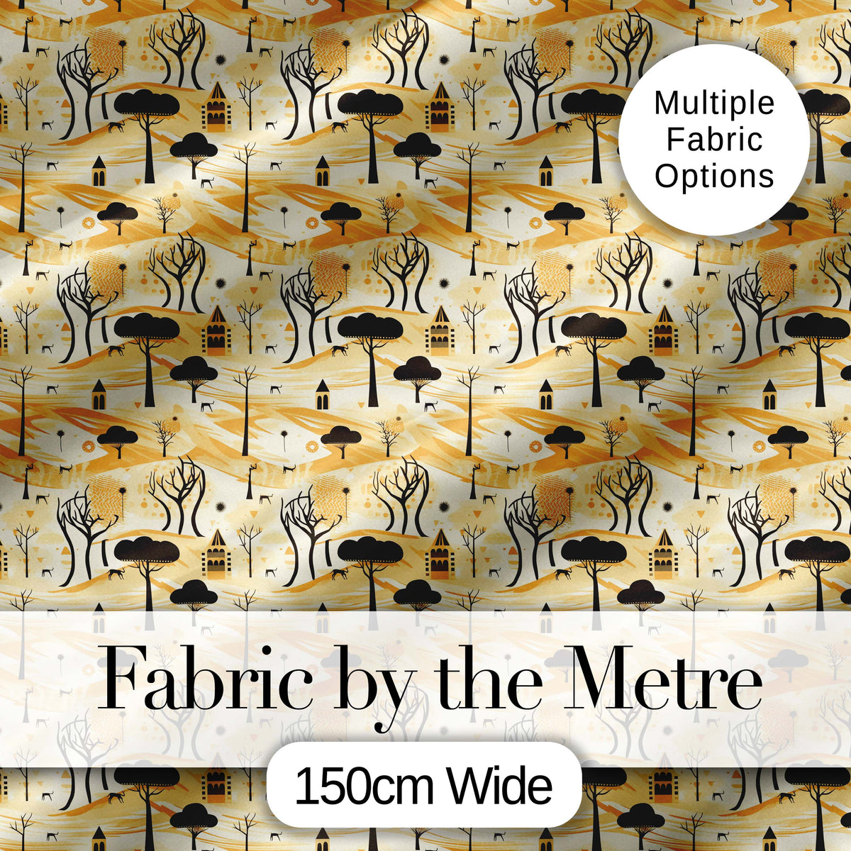 Minimalist African Savanna Pattern with Trees Wildlife and Village Silhouettes Digital Print Fabric by the Metre UK Sewing Quilting Textile