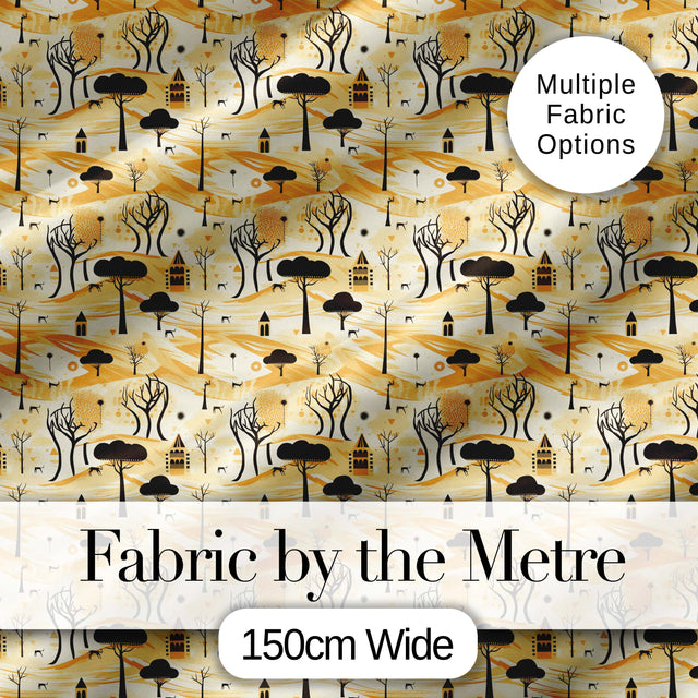 Minimalist African Savanna Pattern with Trees Wildlife and Village Silhouettes Digital Print Fabric by the Metre UK Sewing Quilting Textile