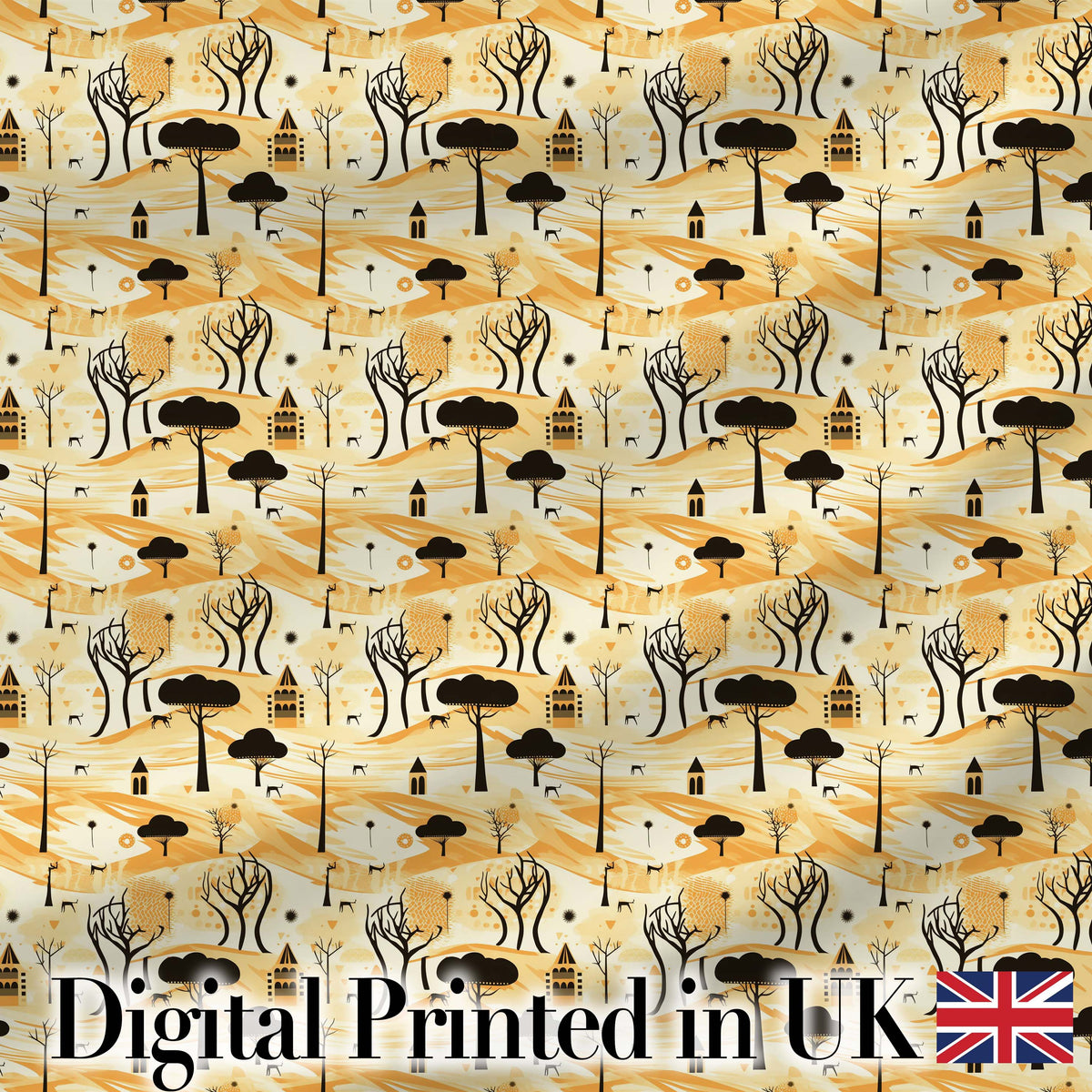 Minimalist African Savanna Pattern with Trees Wildlife and Village Silhouettes Digital Print Fabric by the Metre UK Sewing Quilting Textile