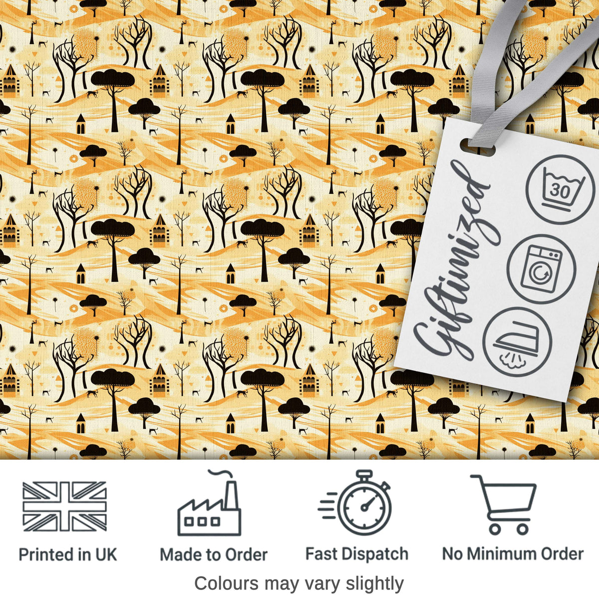 Minimalist African Savanna Pattern with Trees Wildlife and Village Silhouettes Digital Print Fabric by the Metre UK Sewing Quilting Textile