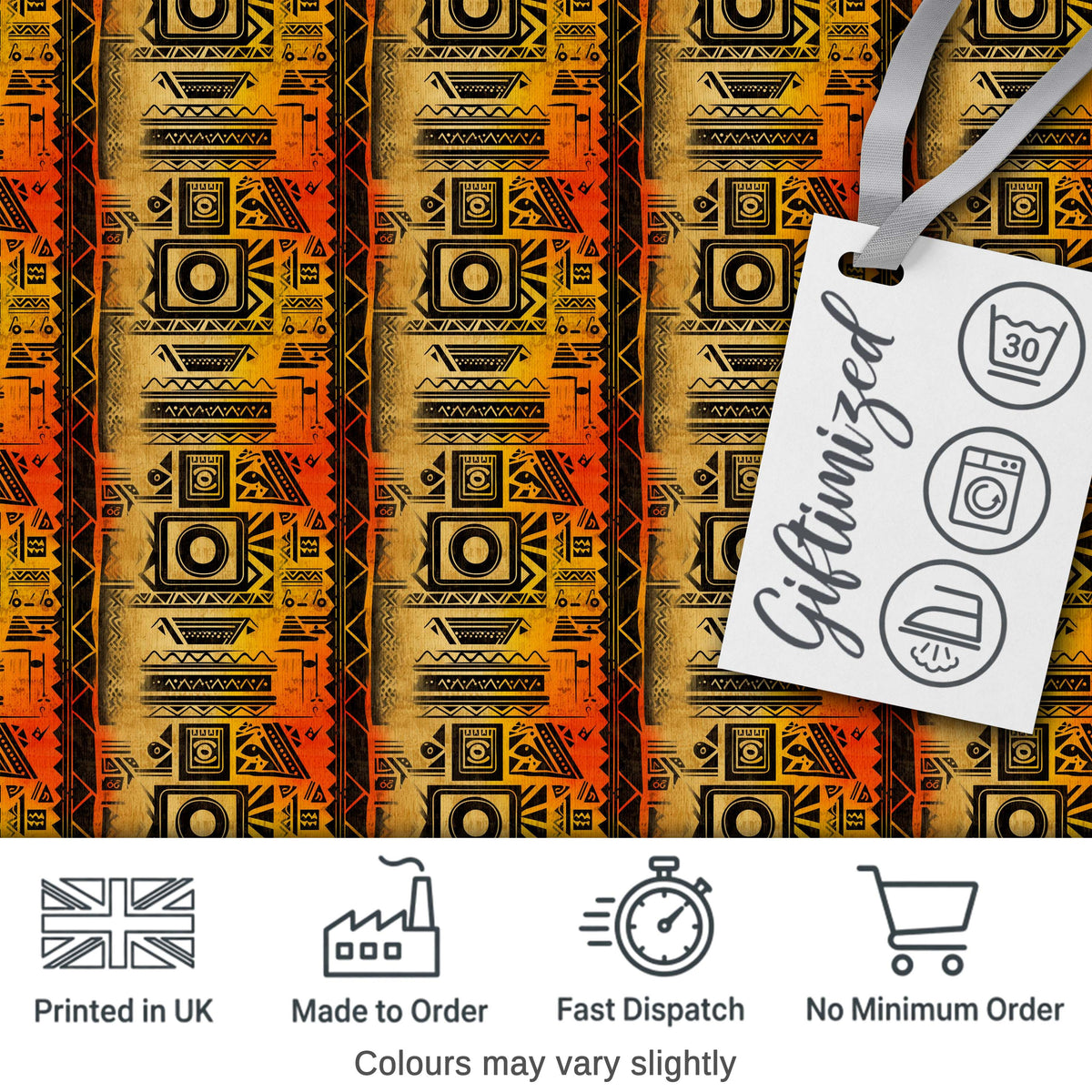 Bold Tribal Panel Pattern with Geometric Blocks in Black Orange and Yellow Digital Print Fabric by the Metre UK Sewing Quilting Textile