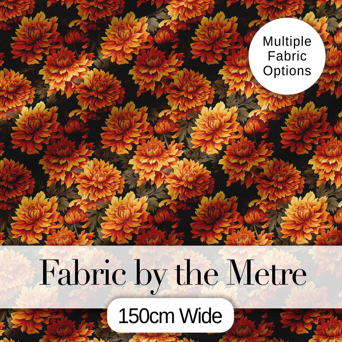 Rich Autumn Floral Pattern with Orange and Rust Chrysanthemums in Full Bloom Digital Print Fabric by the Metre UK Sewing Quilting Textile