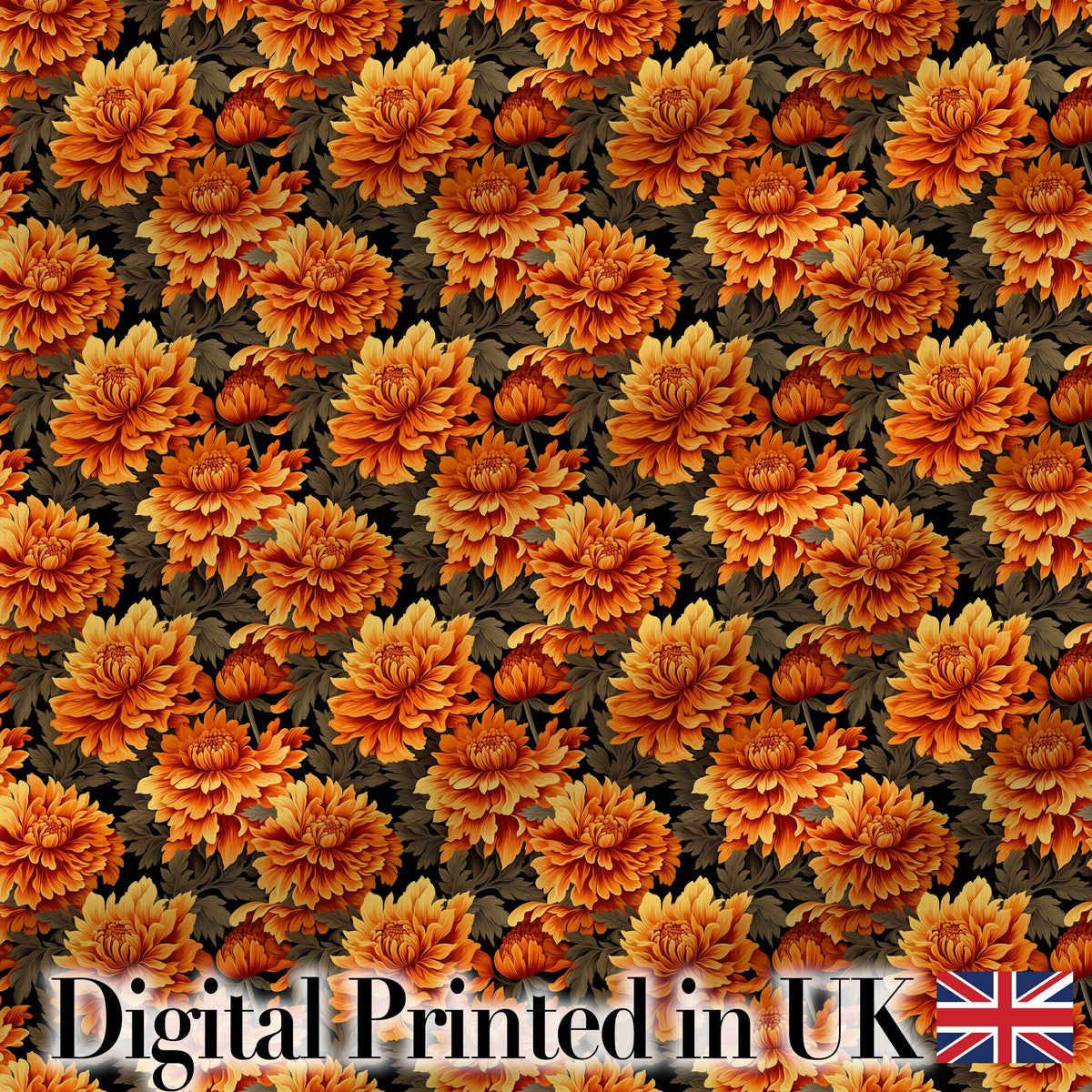 Rich Autumn Floral Pattern with Orange and Rust Chrysanthemums in Full Bloom Digital Print Fabric by the Metre UK Sewing Quilting Textile