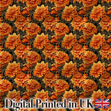 Rich Autumn Floral Pattern with Orange and Rust Chrysanthemums in Full Bloom Digital Print Fabric by the Metre UK Sewing Quilting Textile