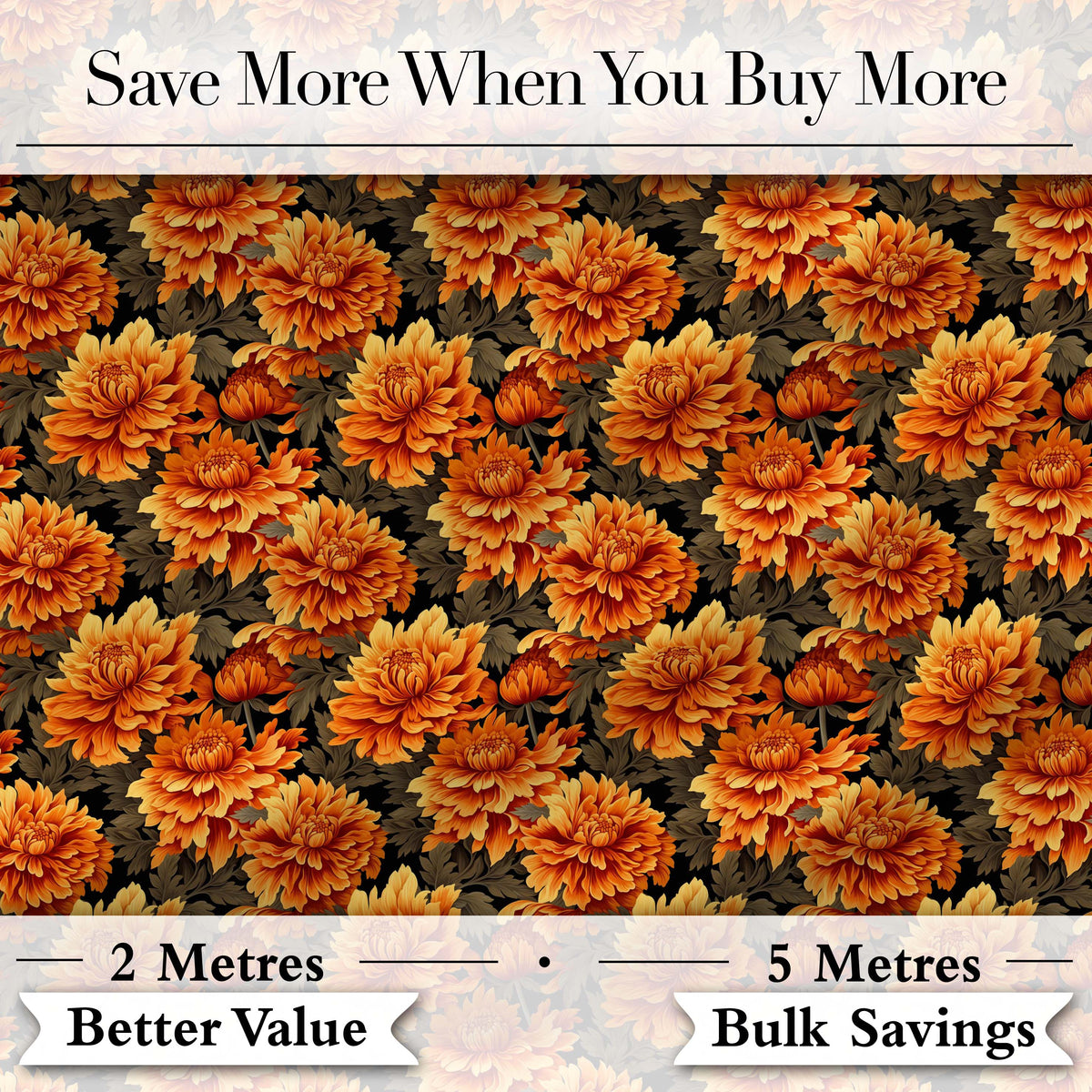 Rich Autumn Floral Pattern with Orange and Rust Chrysanthemums in Full Bloom Digital Print Fabric by the Metre UK Sewing Quilting Textile