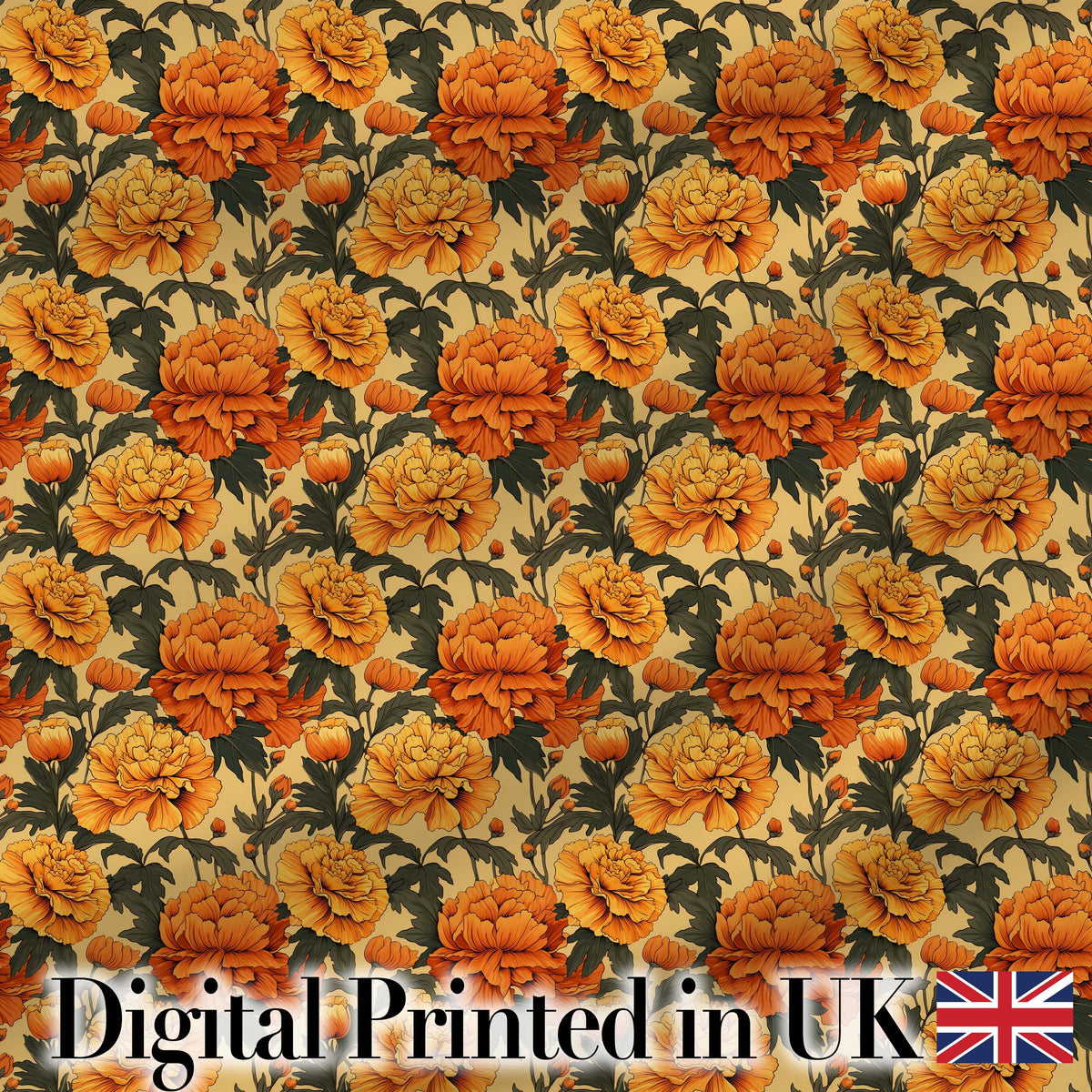 Layered Autumn Chrysanthemum Floral Pattern with Mixed Orange and Yellow Blooms Digital Print Fabric by the Metre UK Sewing Quilting Textile