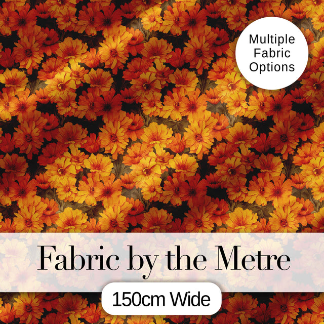Dense Chrysanthemum Floral Pattern in Orange and Cream on Black Background Digital Print Fabric by the Metre UK Sewing Quilting Textile